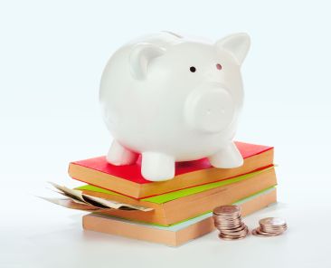 Ceramic piggy bank with books and money