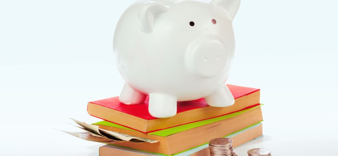 Ceramic piggy bank with books and money